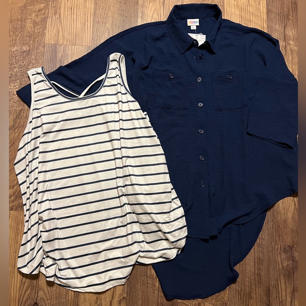 NWT LuLaRoe Goldie & Ginger Set XL Navy Button Down White Stripe Tank NEW STYLE